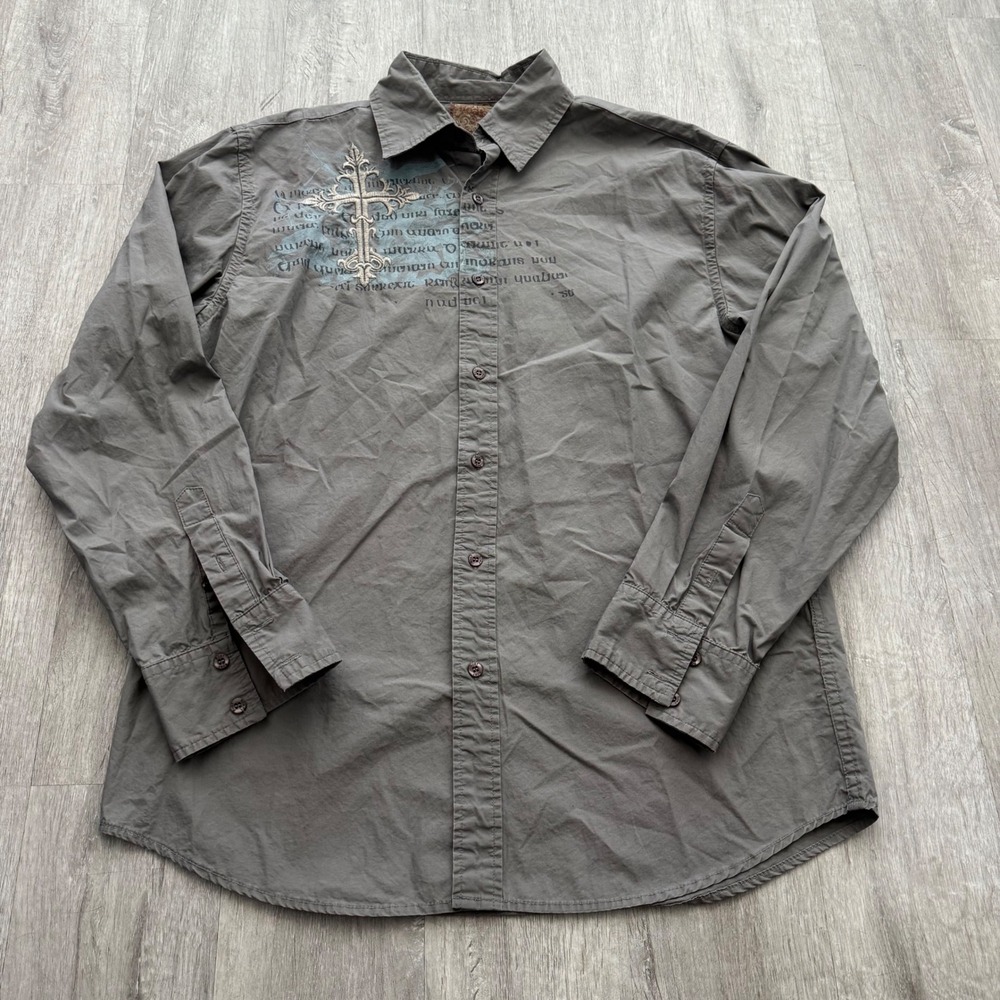 ROAR Live Life Gothic Cross Embroidered Button Down Shirt XL Grey Y2K Longleeve